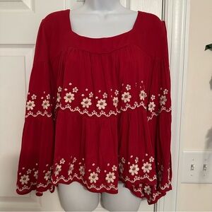 Easel Red Floral Embroidered Blouse